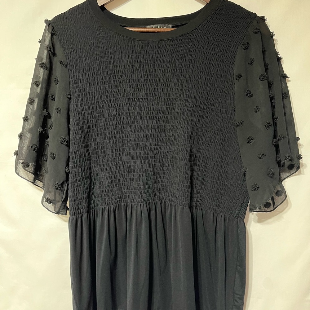 Belldini Black Smocked Blouse with Floral Sheer Sleeves